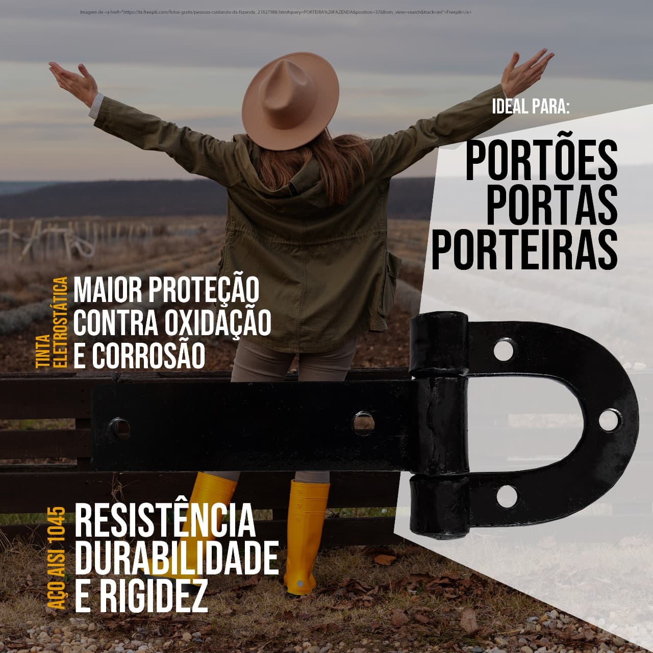 4 Dobradiça Porteira Ferradura 185mm + 1 Tranca Tramela