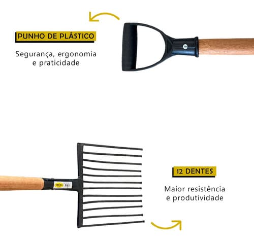 Forcado Profissional 12 Dentes Cabo Pá Garfo Cascalho Tarza