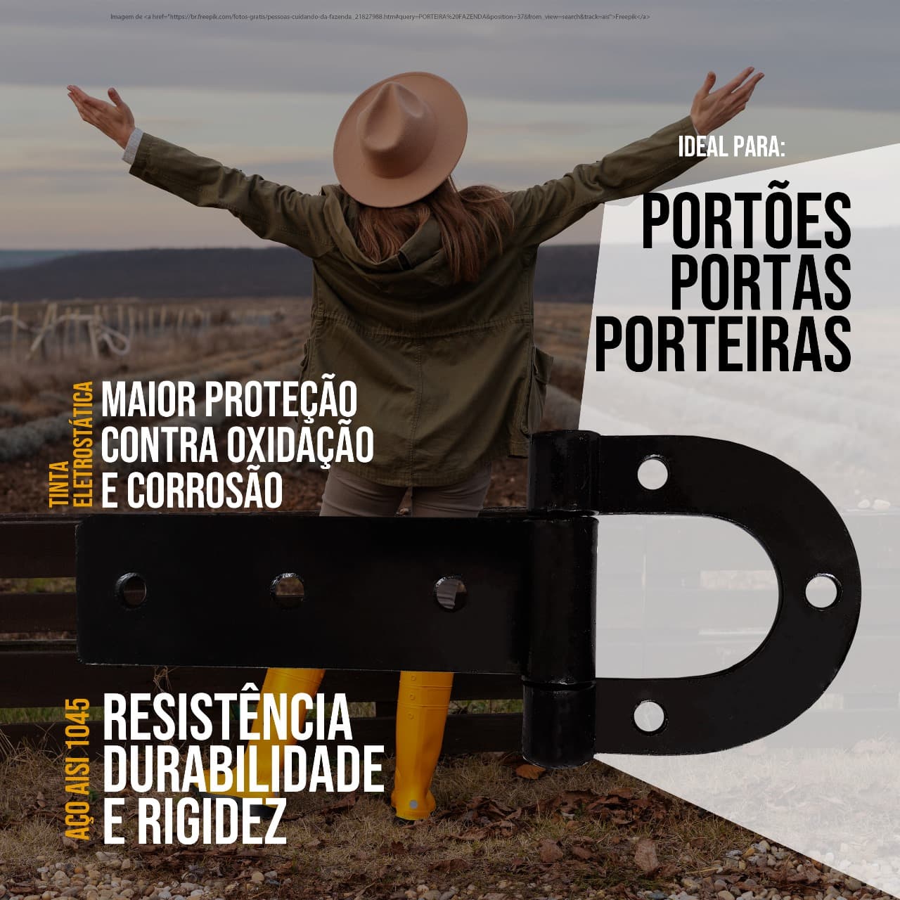 4 Dobradiça Porteira Ferradura 265mm + 1 Tranca Tramela