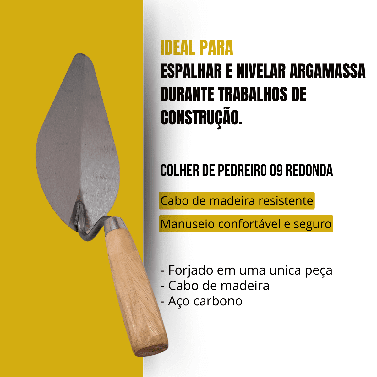 Colher de Pedreiro Oval Redonda 09 polegadas Cabo Madeira
