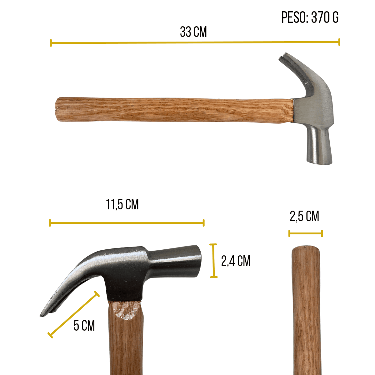 Martelo De Unha Cabeça Dupla de 11 Cm Com Cabo Madeira 33 Cm