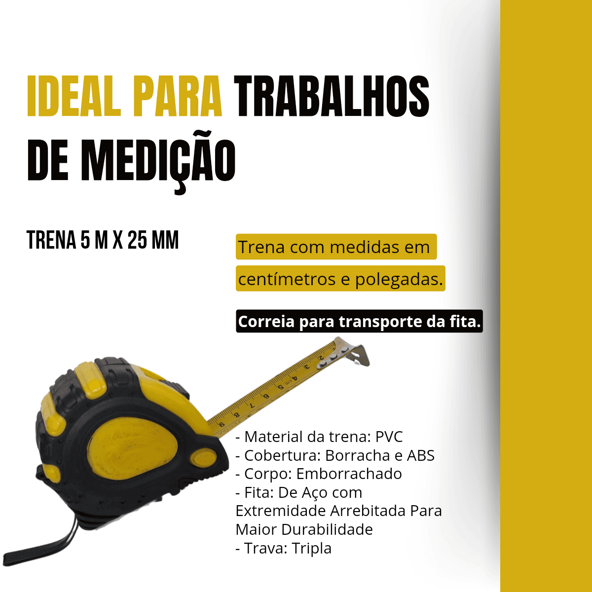 Trena Emborrachada Métrica 25mm X 5 Metros Com 3 Travas