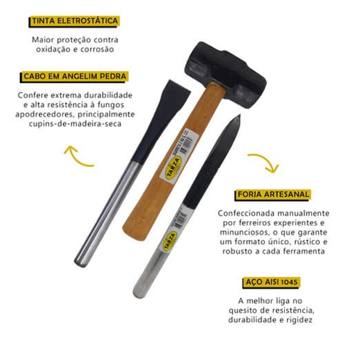 Marreta 2kg + Talhadeira 12 + Ponteiro 12 Forjada Tarza