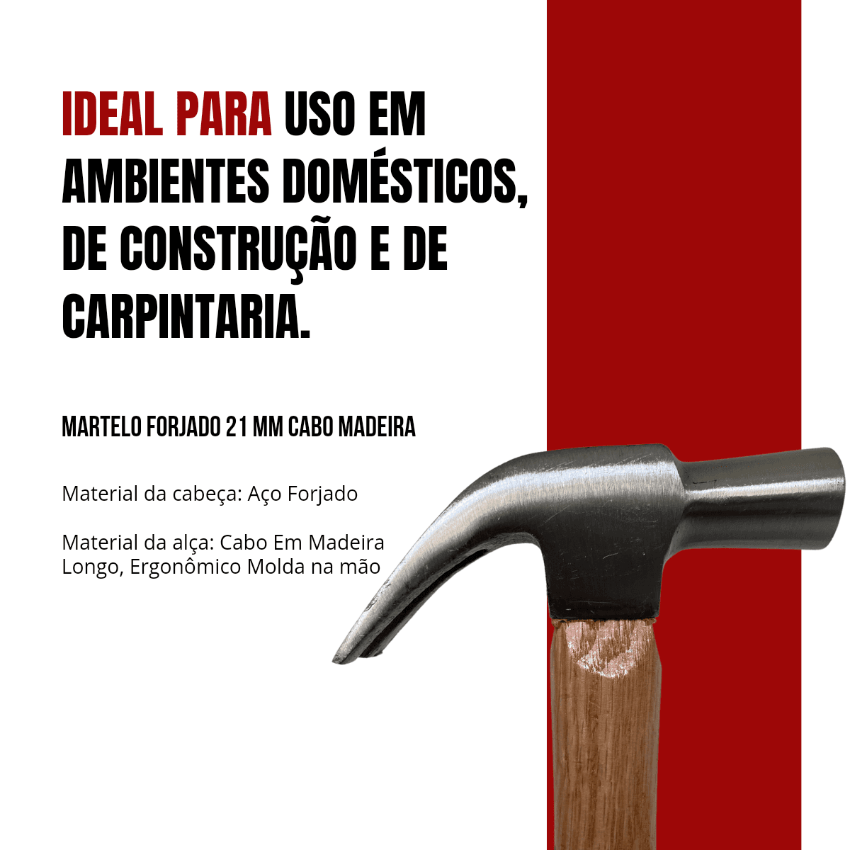 Martelo De Unha Cabeça Dupla de 10 cm Com Cabo Madeira 33 Cm