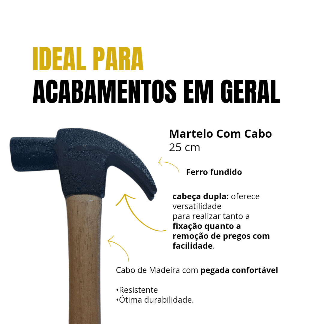 Martelo De Unha Com Cabo Madeira 25 cm