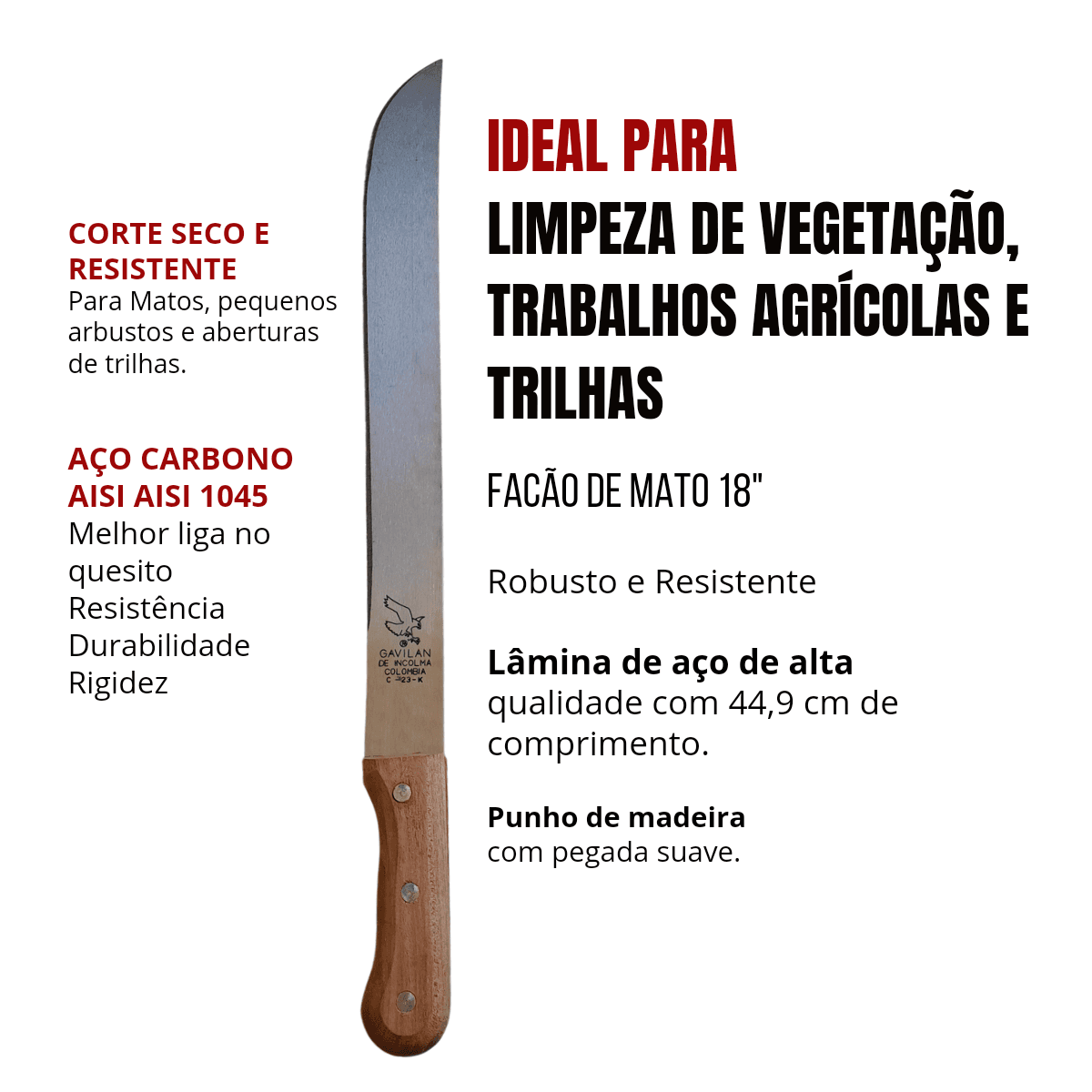 Facão para Mato 18 Polegadas Com Cabo Madeira 59 cm