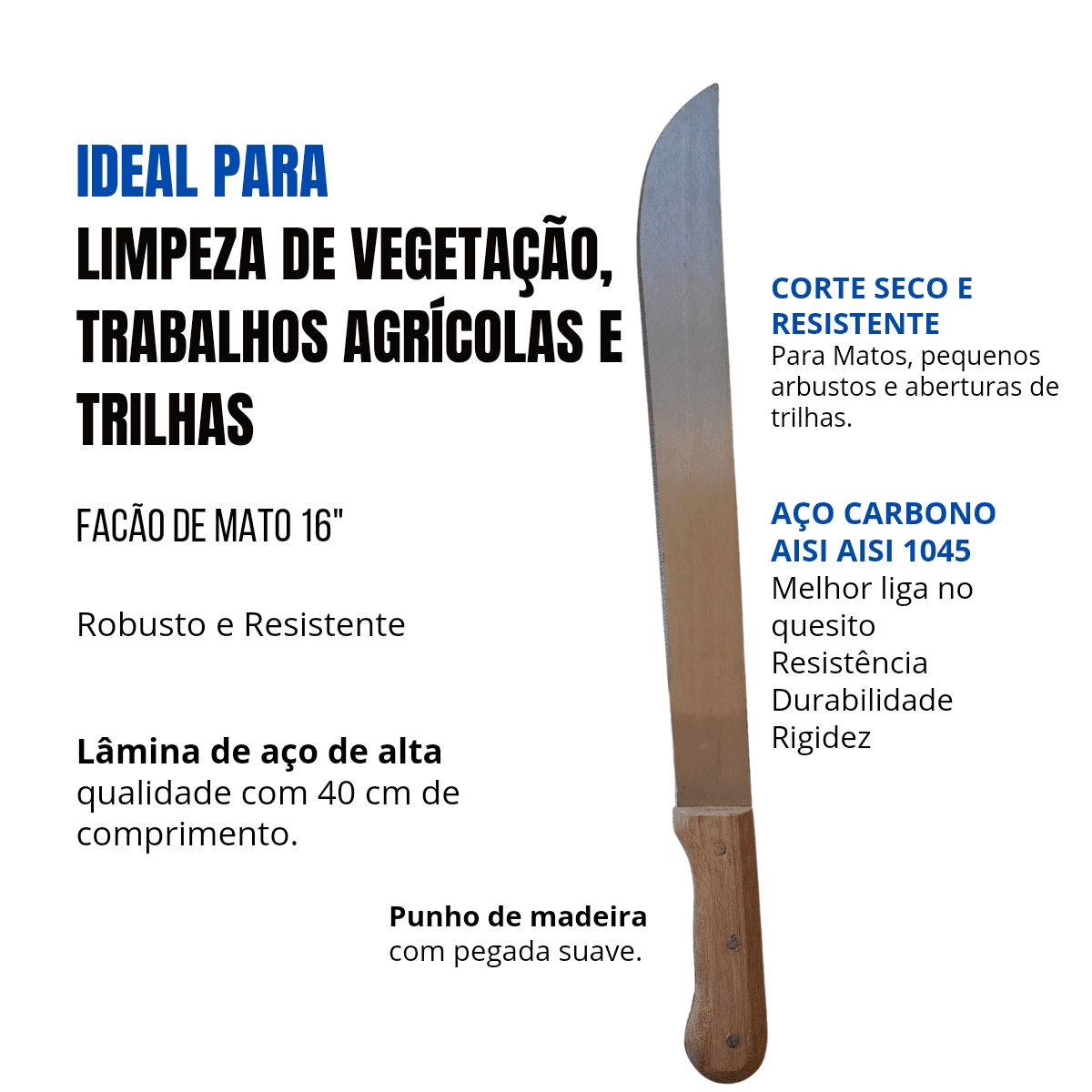 Facão para Mato 16 Polegadas Com Cabo Madeira 54 cm