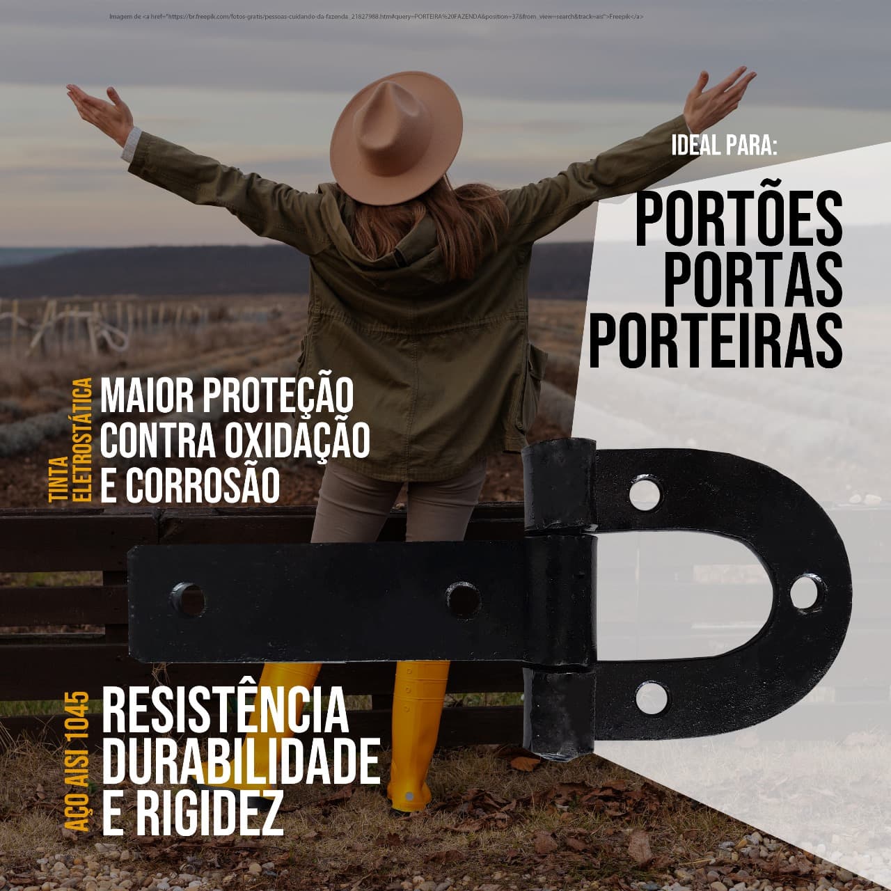 4 Dobradiça Porteira Ferradura 225mm + 1 Tranca Tramela