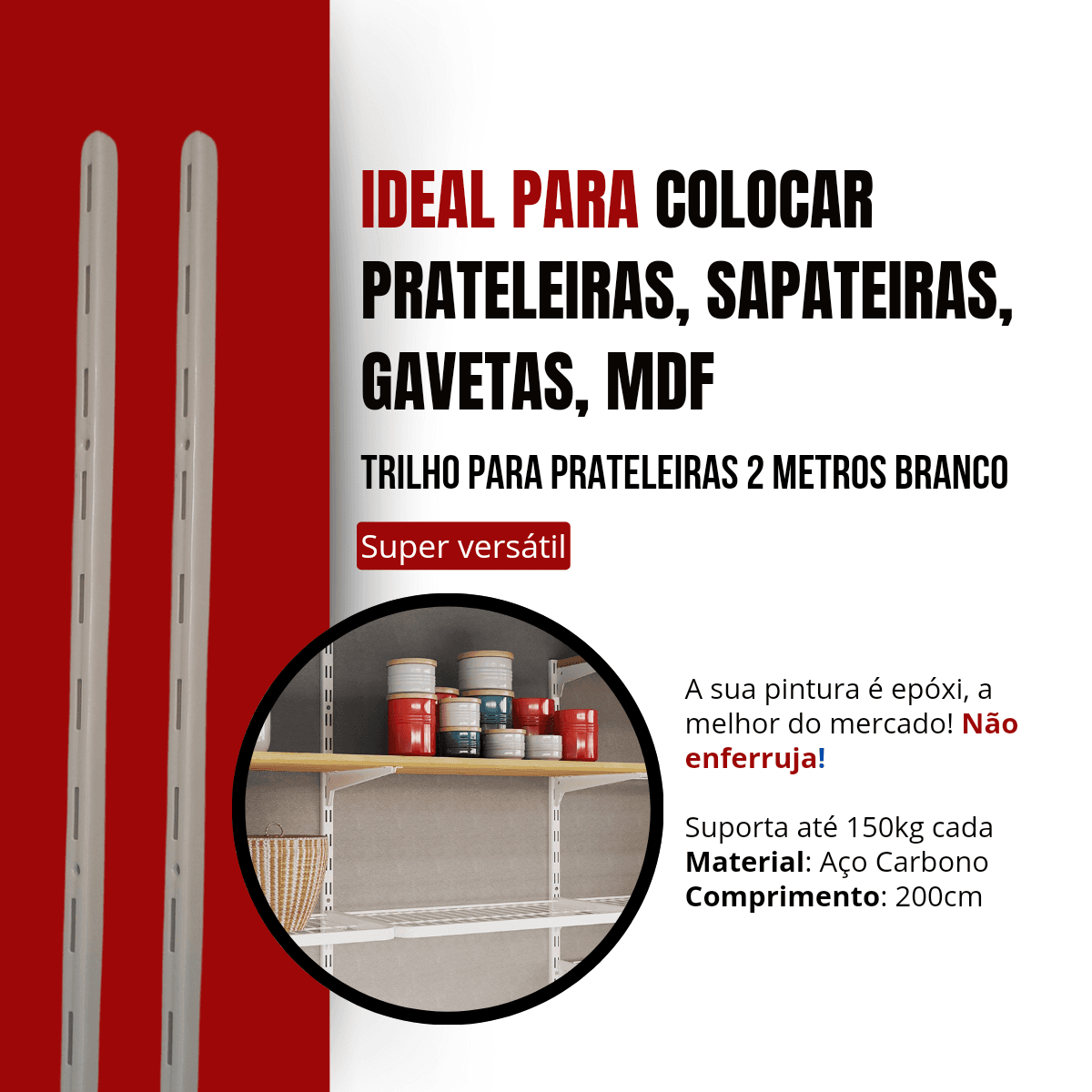 2 Pçs Trilho Simples Cremalheira Branco P/ Prateleira 200cm
