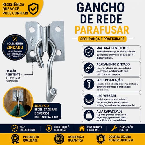 Gancho De Rede Reforçado 250kg Zincado Com Parafusos Cinza Gancho De Rede Loth