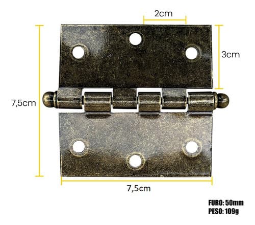 3 Un Dobradiça Pino Bola 3x3 Cm Real Ouro Velho + Parafusos