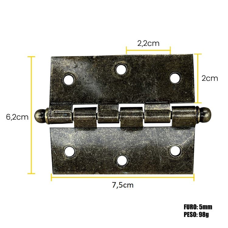 6 Un Dobradiça Pino Bola 3x2,5cm Real Ouro Velho + Parafusos