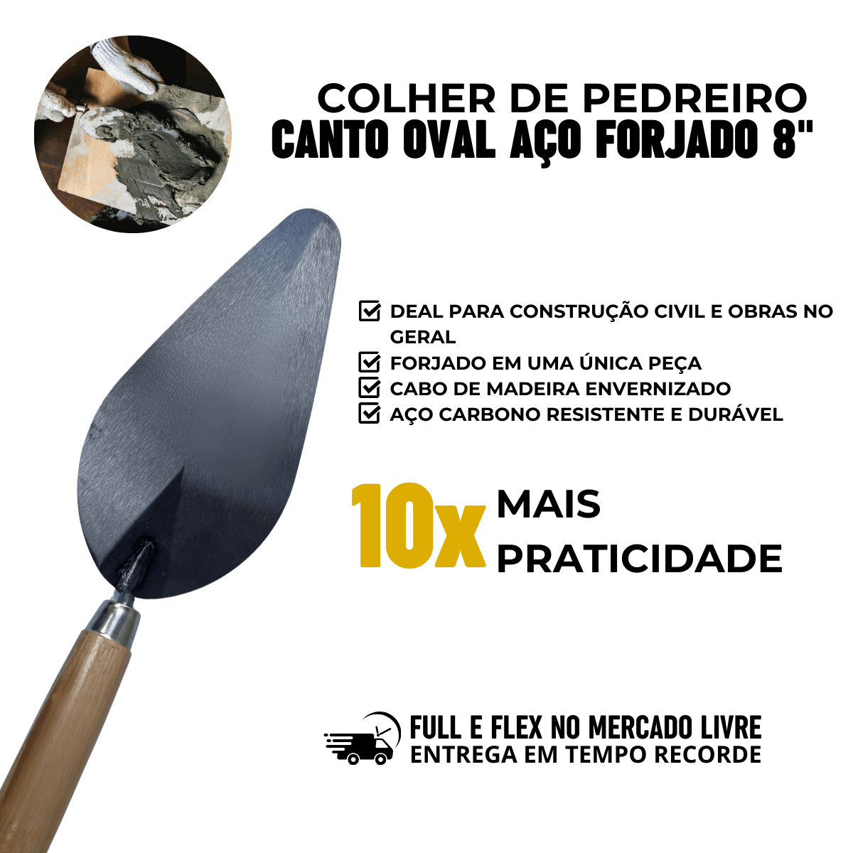 Colher de Pedreiro Oval Redonda 08 polegadas Cabo Madeira