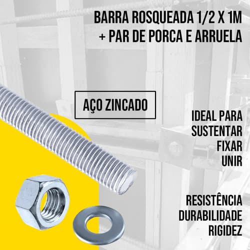 5u Barra Roscada 1/2 X 1m + 10u Porca E Arruela Tarza