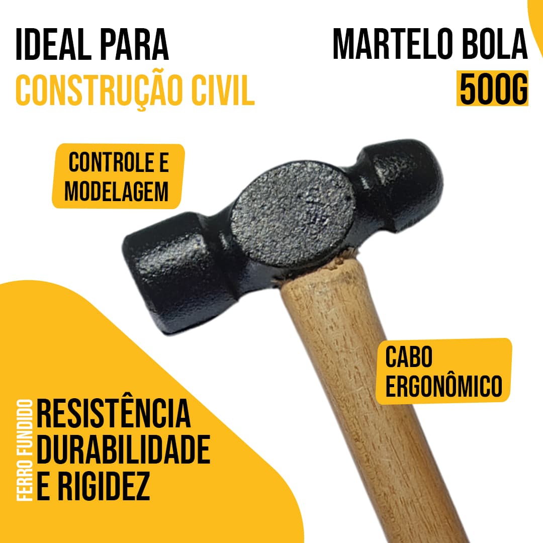 Martelo Bola Cabo Madeira 500 Gramas