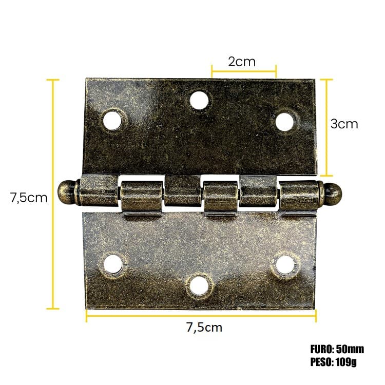 Dobradiça de Pino Bola 3" x 3 cm Real Ouro Velho