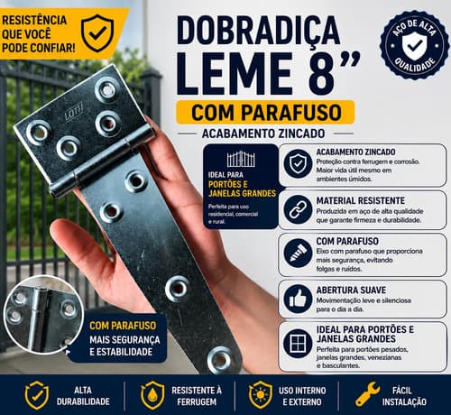 Par De Dobradiça Leme 8 Polegadas Zincada + Parafusos Loth