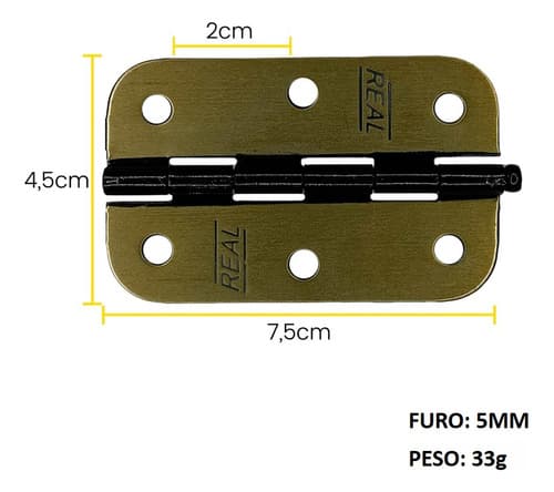 6 Un Dobradiça Flo 3x2cm Pino Solto Canto Redondo + Parafuso
