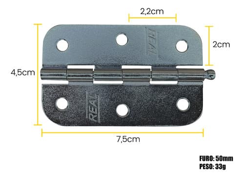 6 Un Dobradiças 3 X2cm Pino Solto Canto Redondo Zincada Real