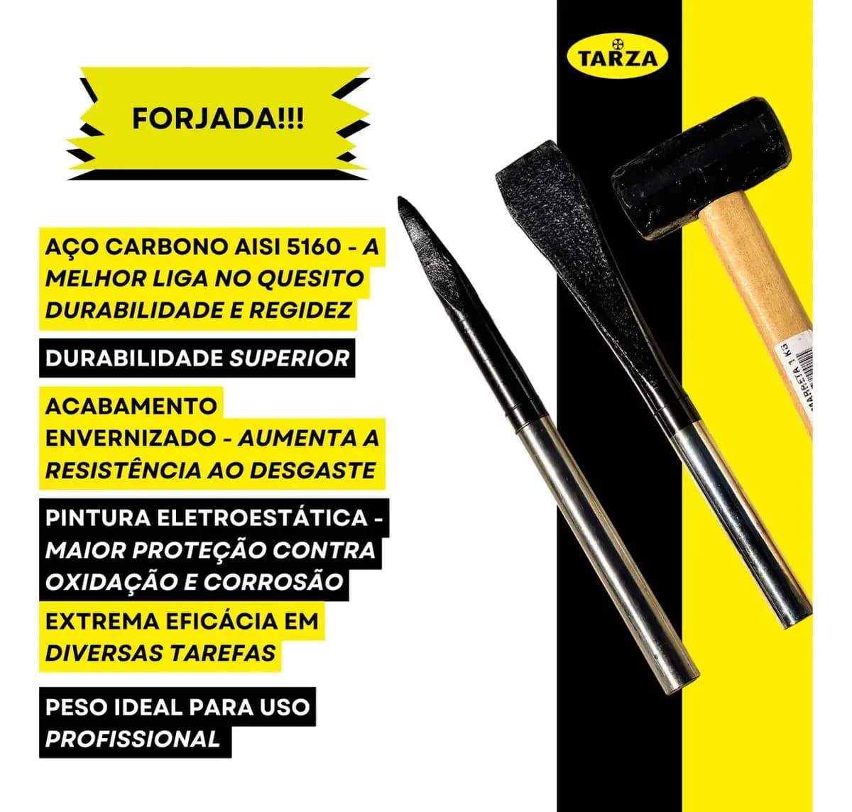 Marreta 1kg Talhadeira Cromada 12 +ponteiro 12 Forjado Tarza