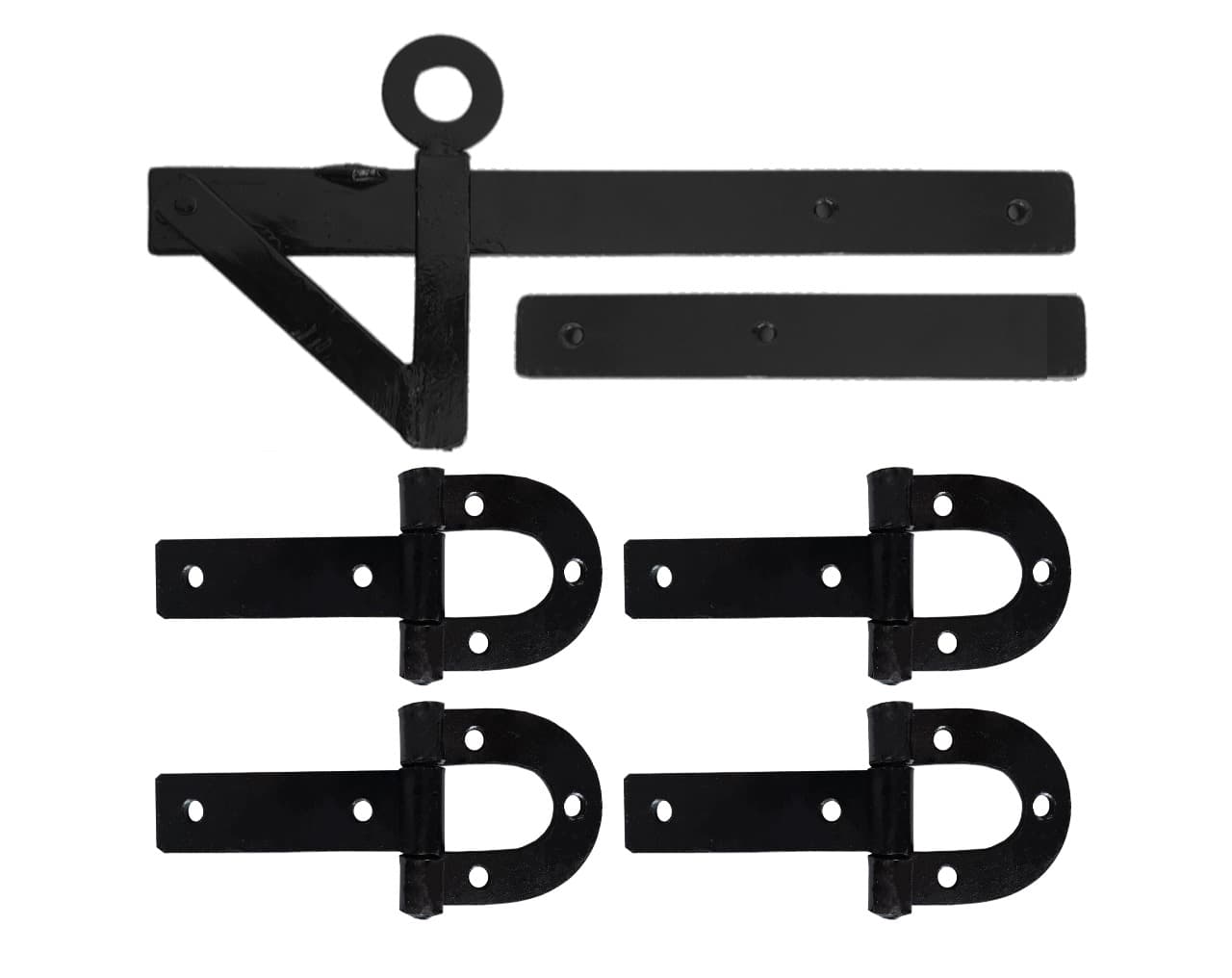 4 Dobradiça Porteira Ferradura 225mm + 1 Tranca Tramela