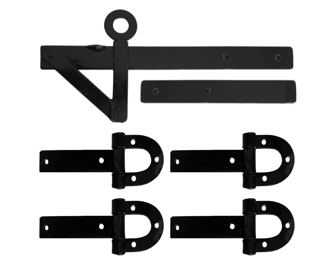 4 Dobradiça Porteira Ferradura 185mm + 1 Tranca Tramela